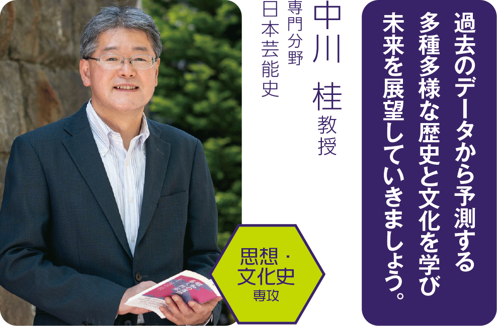 過去のデータから予測する多種多様な歴史と文化を学び未来を展望していきましょう。（中川 桂教授／専門分野：日本芸能史）